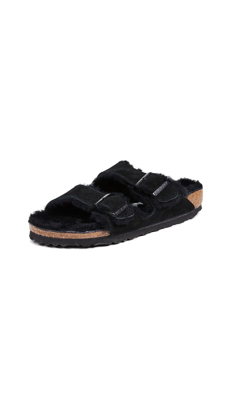 Birkenstock Women's Arizona Shearling Sandals,Black 6-6.5 narrow